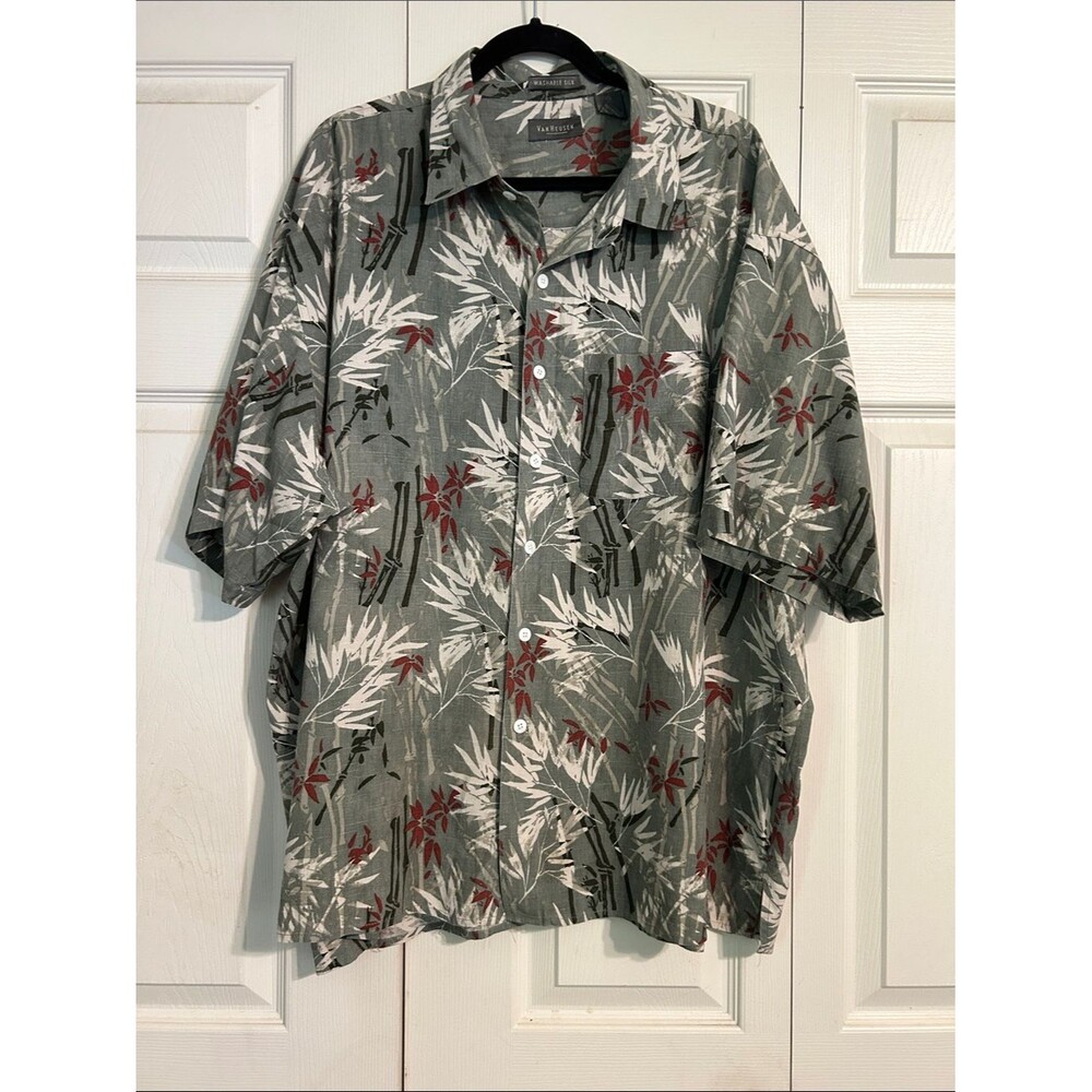 VanHeusen Men’s Size XXL Olive Green White Rust Hawaiian Floral Button Down Silk